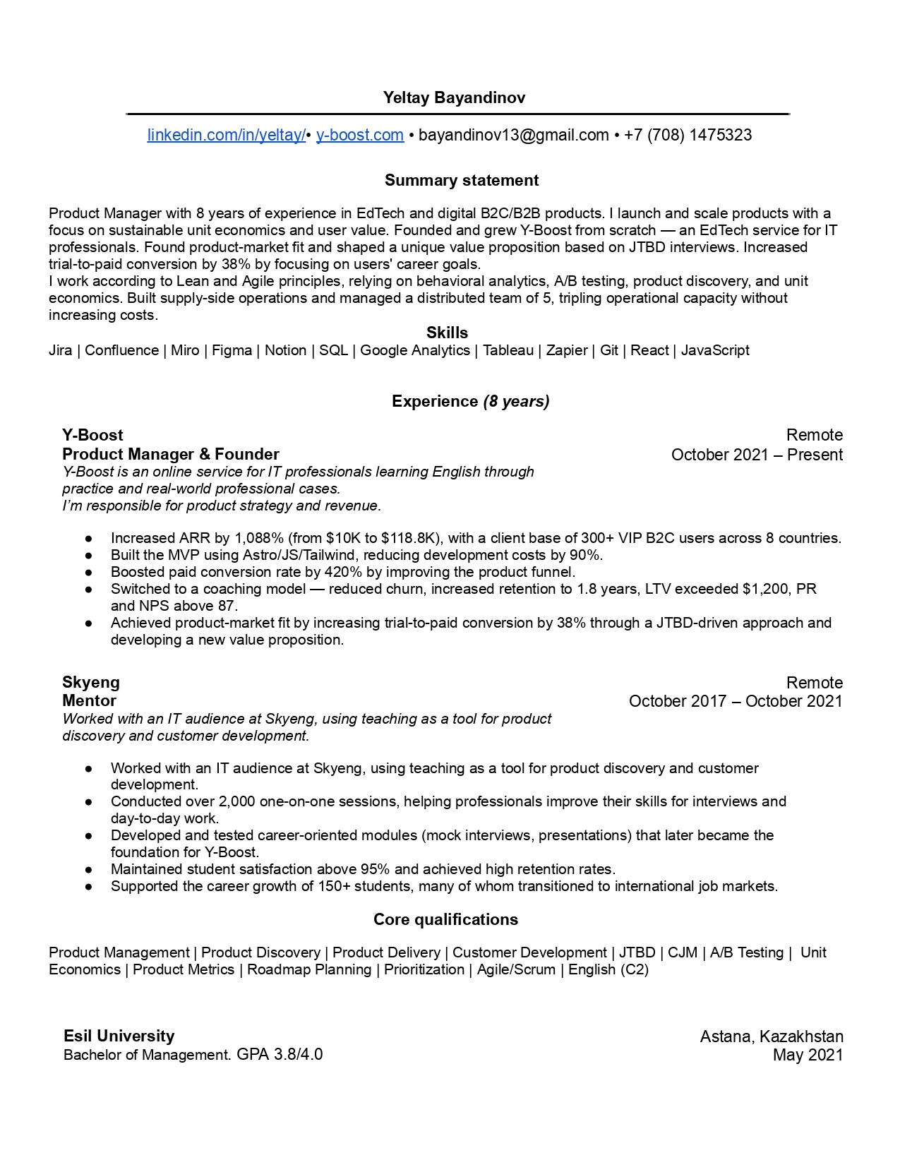 English resume preview of Yeltay Bayandinov